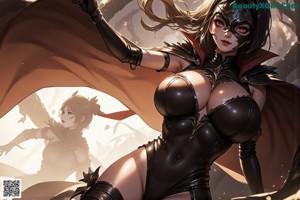 A naked woman dressed as a superhero poses for the camera.