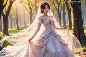 A woman in a wedding dress standing in the woods.