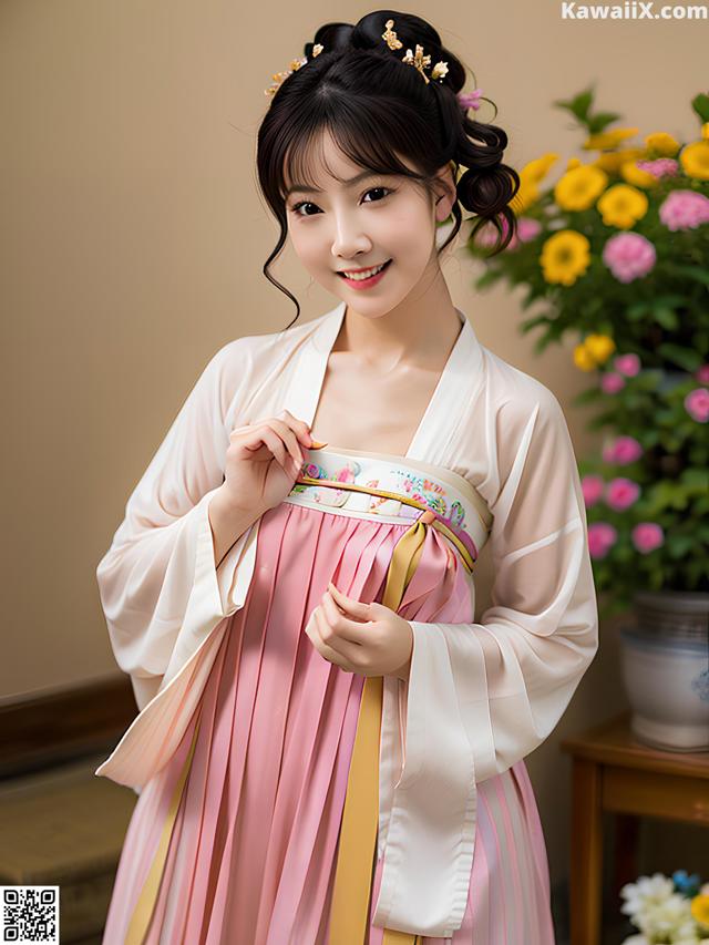 A woman in a pink and white hanbok is posing for a picture.