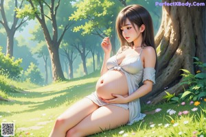 A naked woman sitting in the grass next to a tree.