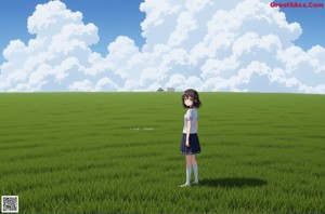 A girl in a school uniform standing in a field of grass.