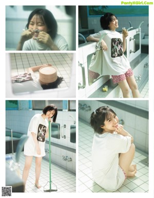 A woman in a yellow shirt is washing clothes in a laundry room.