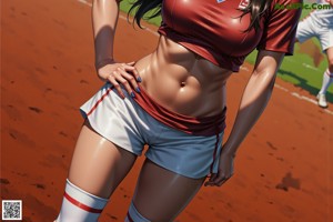 A woman in a soccer uniform standing on a field.