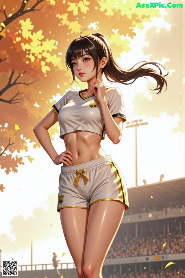 A woman in a soccer uniform standing in front of a stadium.