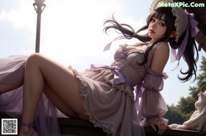A woman in a purple dress sitting on a tree.