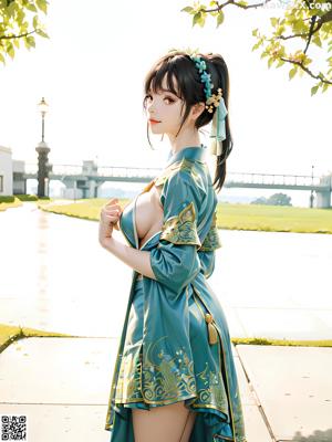 A woman in a kimono sitting on a bed.