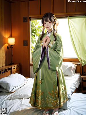 A woman in a chinese dress standing in front of a lamp.