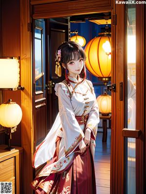 A woman in a red and white kimono standing in a kitchen.