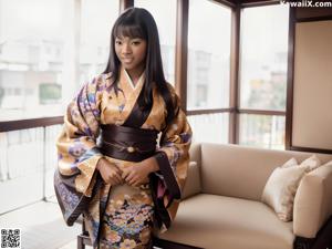 A woman in a kimono sitting on a chair.