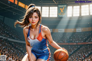 A woman in a basketball uniform standing in front of a crowd.