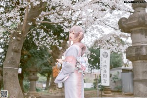 A woman in a pink and gray kimono holding a branch of a tree.