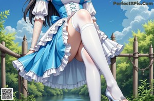 a woman in a blue and white dress and stockings