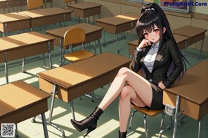 A woman in a business suit sitting at a desk.
