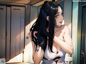 A woman in a corset sitting on a bed.