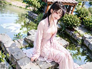 A woman in a blue kimono sitting on a wooden floor.