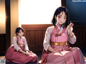 A woman in a kimono sitting on a bed.