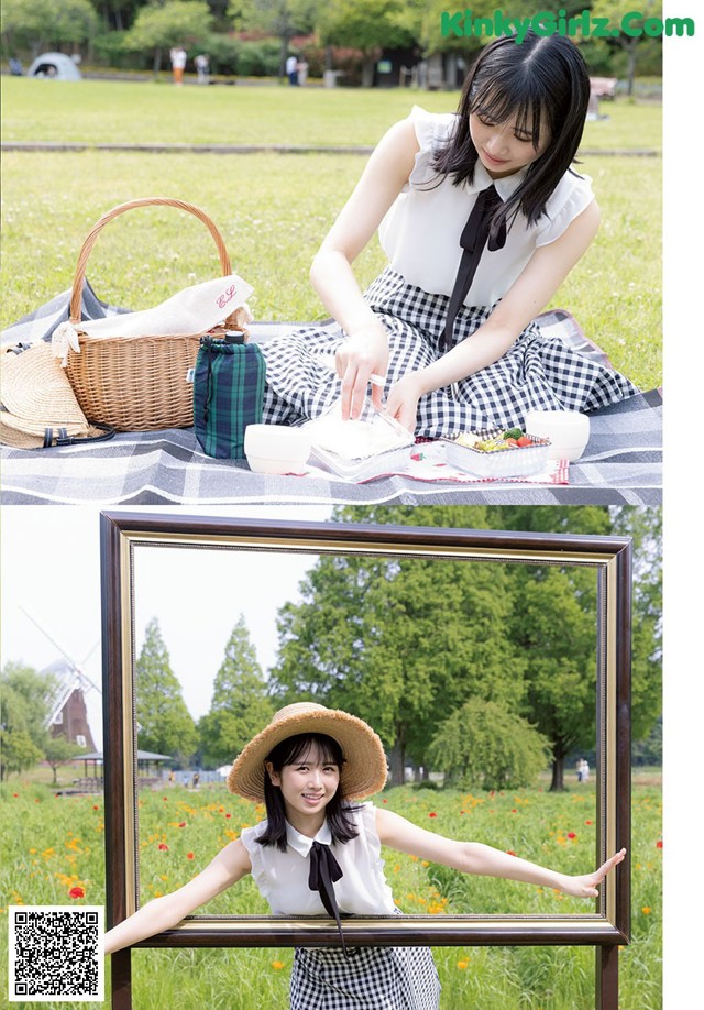 A woman sitting on a picnic blanket in a park.