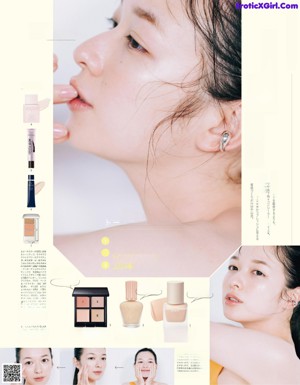 A magazine page with a picture of a woman with makeup.