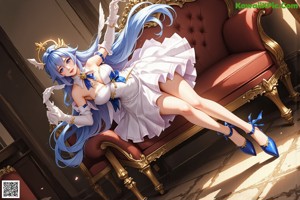 A woman with blue hair wearing a white dress.