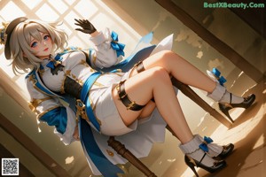 A woman in a white and blue outfit holding a sword.