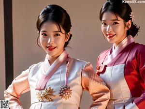 A woman in a pink and blue hanbok sitting on a bed.