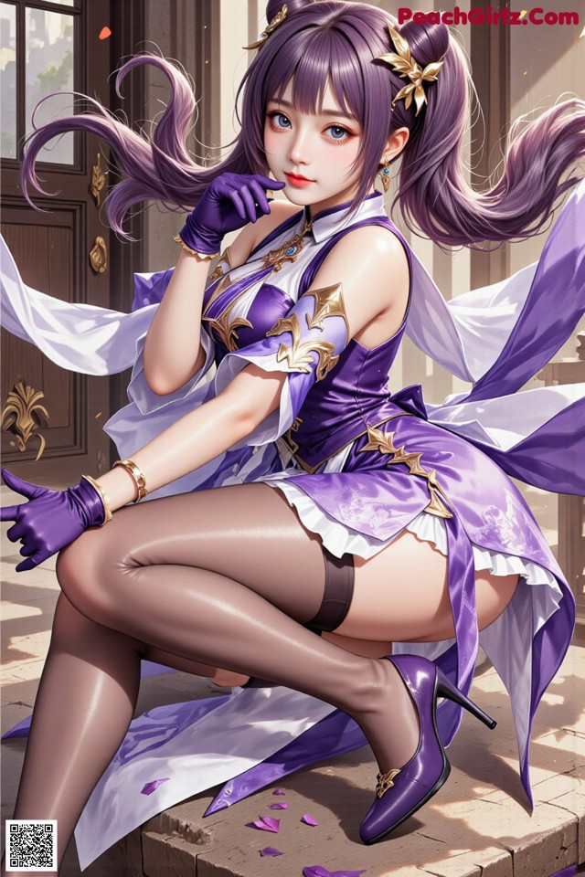 Hentai - Sovereign of Lightning in Exquisite Garb Set.2 20250126 Part 5 No.30ede9 A woman in a purple dress and purple gloves sitting on a ledge.