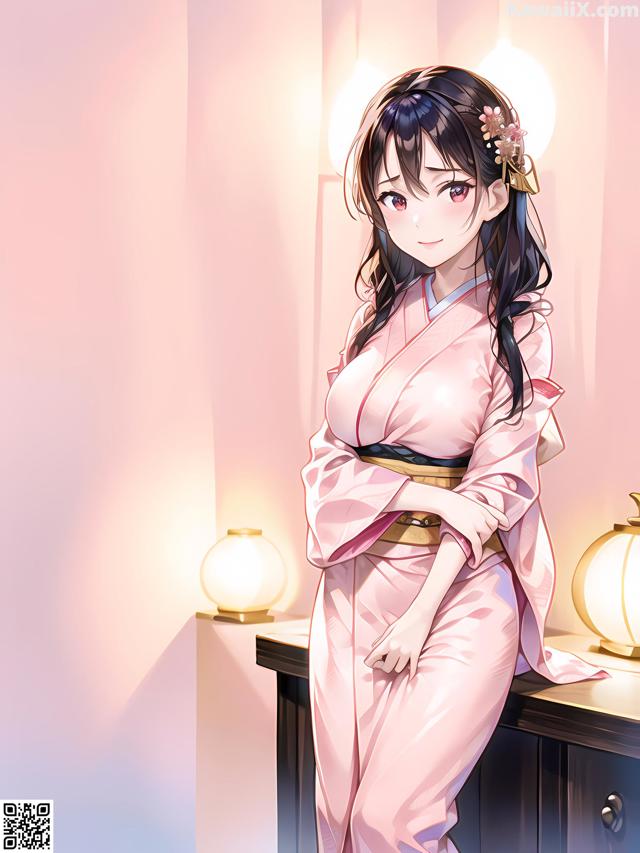 A woman in a pink kimono sitting on a table.