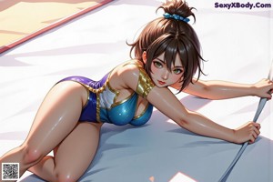 A woman in a blue bikini holding a golden trophy.