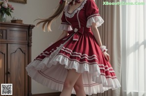 A woman in a red and white dress sitting on a window sill.