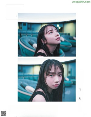 A woman sitting on a couch in a large auditorium.