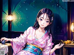 A woman in a kimono sitting on a bench under an umbrella.