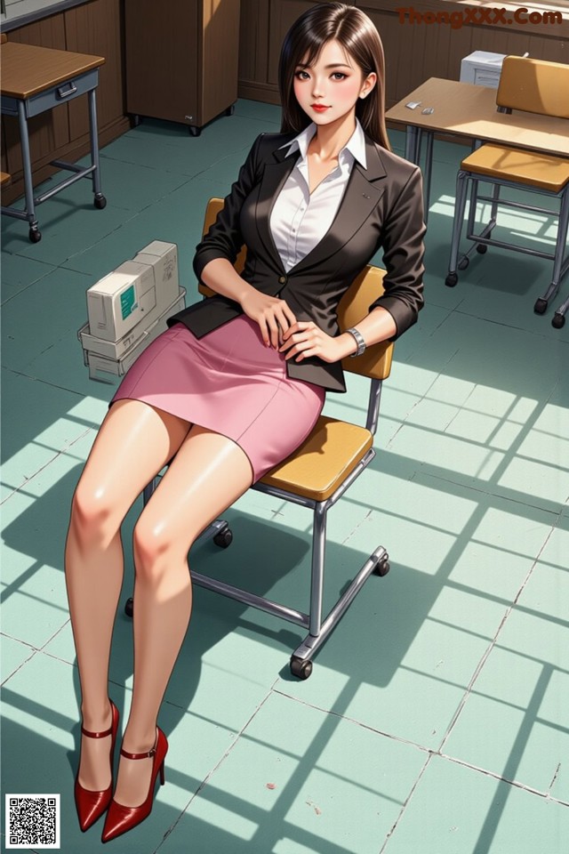 A woman sitting on a chair in a classroom.