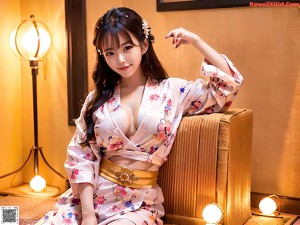 A woman in a pink kimono sitting on a brick wall.