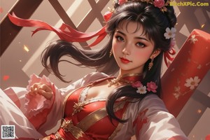 A woman in a red and white dress with long black hair.