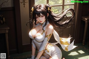 A woman in a black and gold outfit posing for a picture.